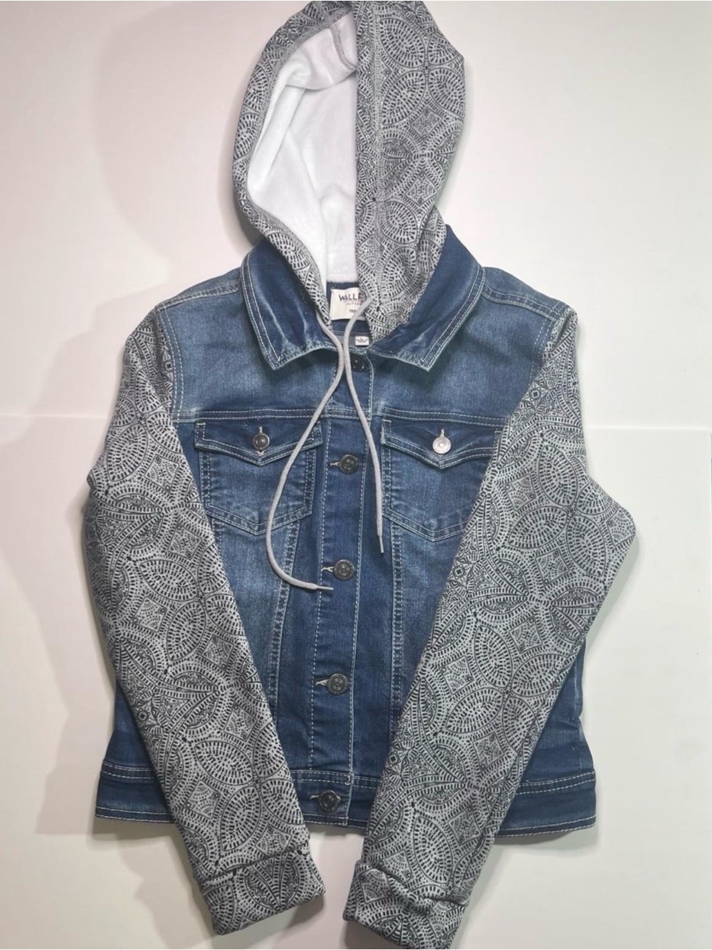 Wallflower Blue Denim Jacket with Gray Patterned Hood & Sleeves